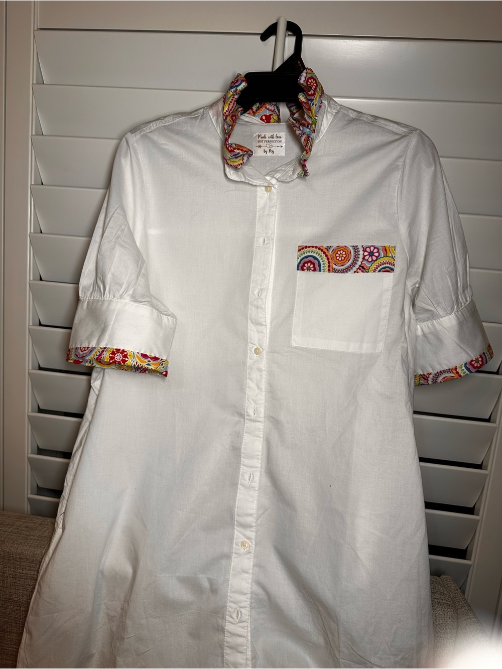 White Button-Down Shirt with Multicolor Trim